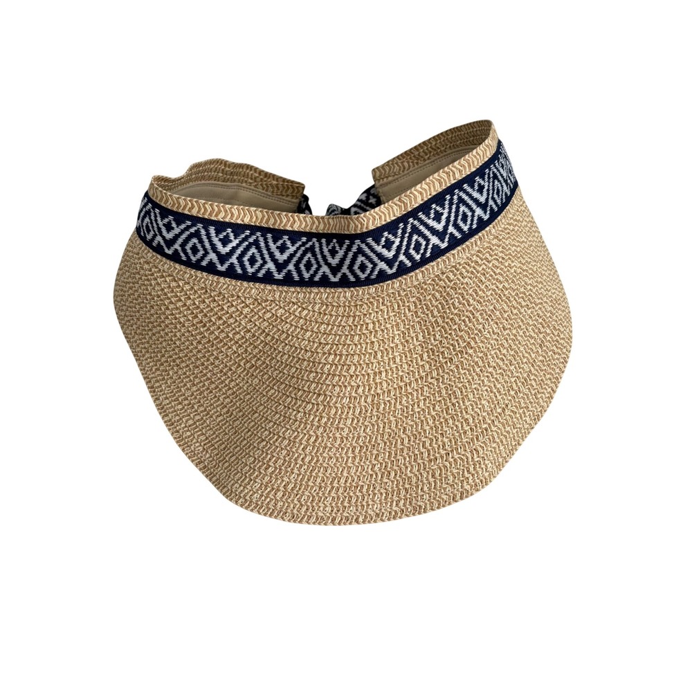 Sea & Grass Straw Visor Natural Tan Navy Blue Geometric Ribbon Tie Roll Up Hat